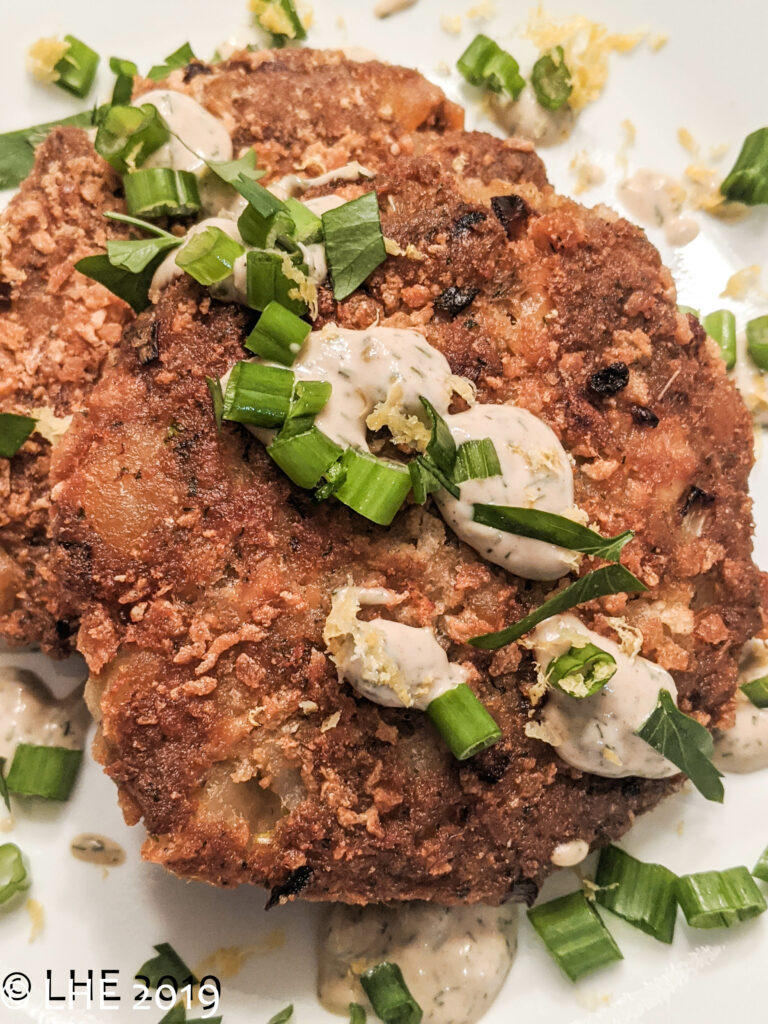 Fried Salmon Patty with Lemon Caper Dill Sauce